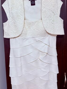Camille La Vie Cream Lace & Ruffle Dress with Bolero